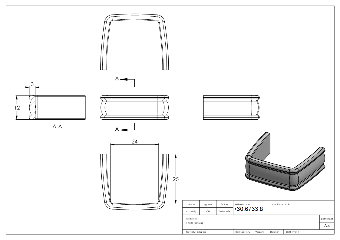 Bund - 1 Stueck - Material- 12x3 mm - Innenmass- 24x25 mm - Stahl -Roh- S235JR-30-6733.8
