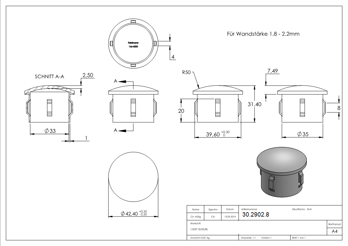Stahlstopfen - leicht gewoelbt - fuer Ø 42-4x1-8-2-2 mm - Stah S235JR- roh-30-2902.8