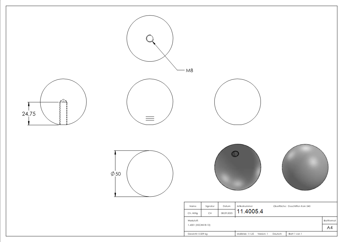 Vollkugel - Ø 50 mm - mit Gewinde M8 - V2A-11-4005.4