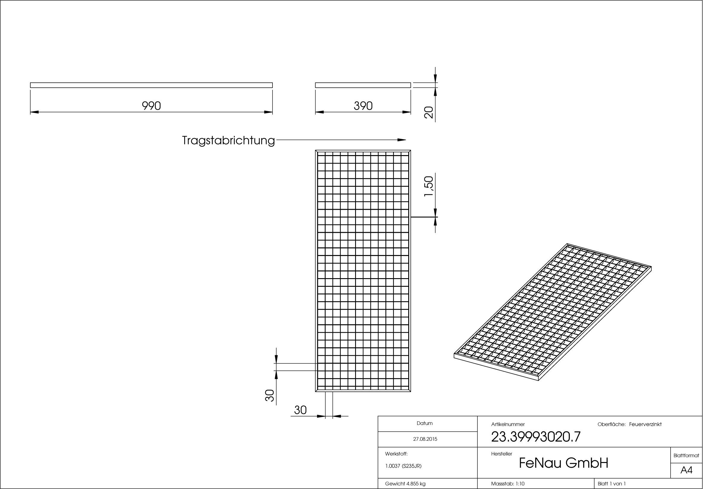 Lichtschachtrost Baunormrost - Masse-  390x990x20 mm 30-30 mm - aus S235JR -St37-2- im Vollbad feuerverzinkt-23-39993020.7