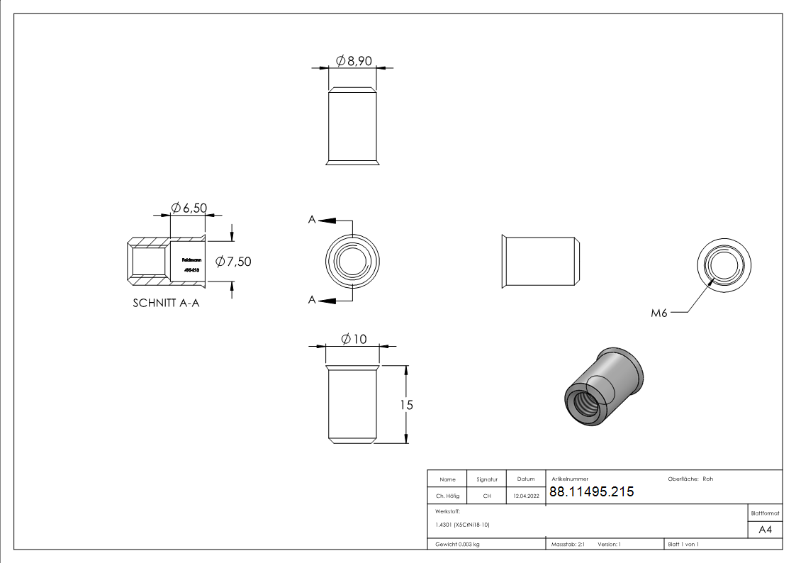 Blind-Einnietmutter Edelstahl V2A M6 fuer 9 mm Bohrloch Senkkopf-88-11495.215