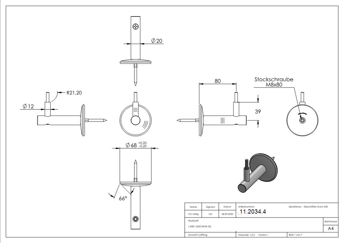 Handlaufhalter mit Ronde 68x5 mm und Halteplatte fuer Ø 42-4 mm V2A-11-2034.4