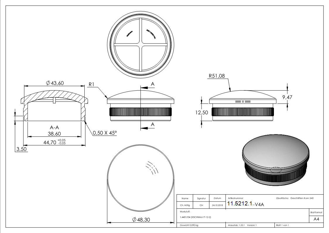 Endkappe V4A Edelstahl Ø 48-3x2-0 mm- leicht gewoelbt zum Einschlagen-11-5212.1