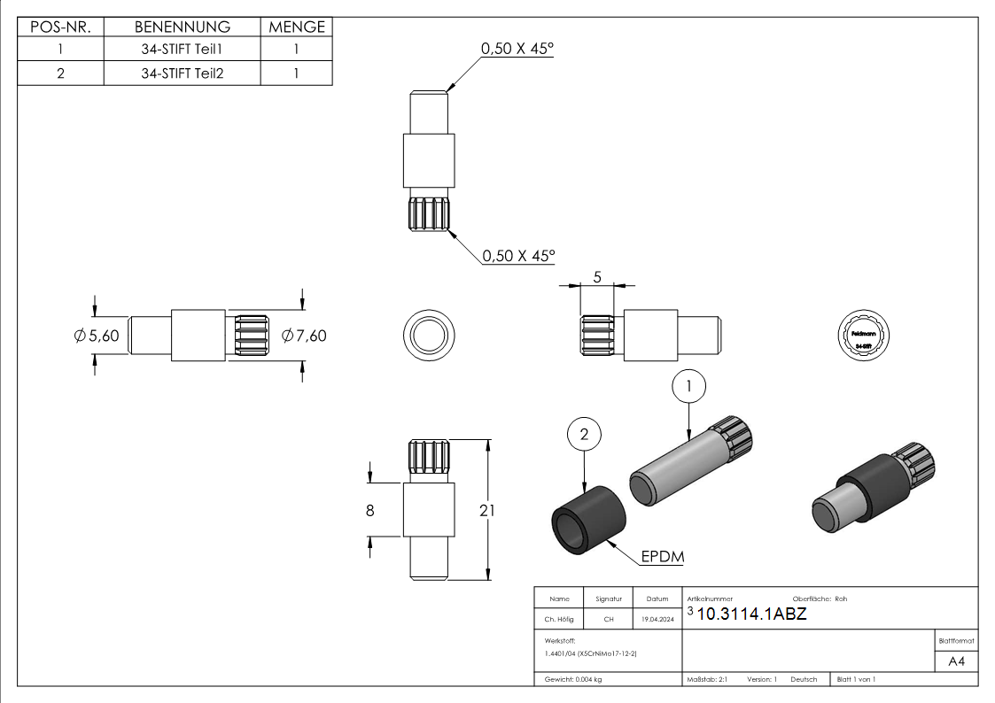 1 Sicherungsstift zu Glasklemme 52x52x32-5 mm AbZ V4A-10-3114.1ABZ