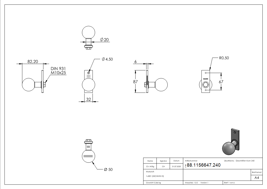 Tuerknopf Edelstahl V2A Ø 50 mm geschliffen mit Kurzschild feststehend-88-1156647.240