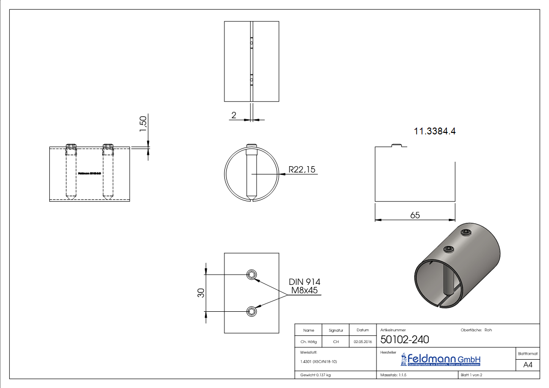 Rohrverbinder V2A fuer Rohr Ø 48-3 x 2-0 mm L 65 mm mit Klemmschrauben-11-3384.4