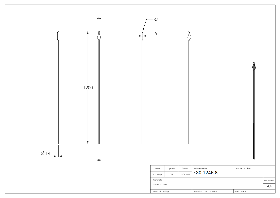 Zaunstab Laenge- 1200 mm Material Ø 14 mm - Spitze mit Kugel Stahl S235JR- roh-30-1246.8