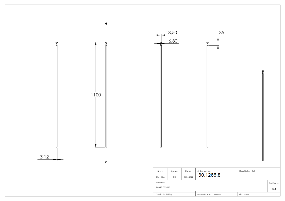 Zaunstab - Laenge- 1100 mm - Material Ø 12 mm - Stahl S235JR- roh-30-1265.8