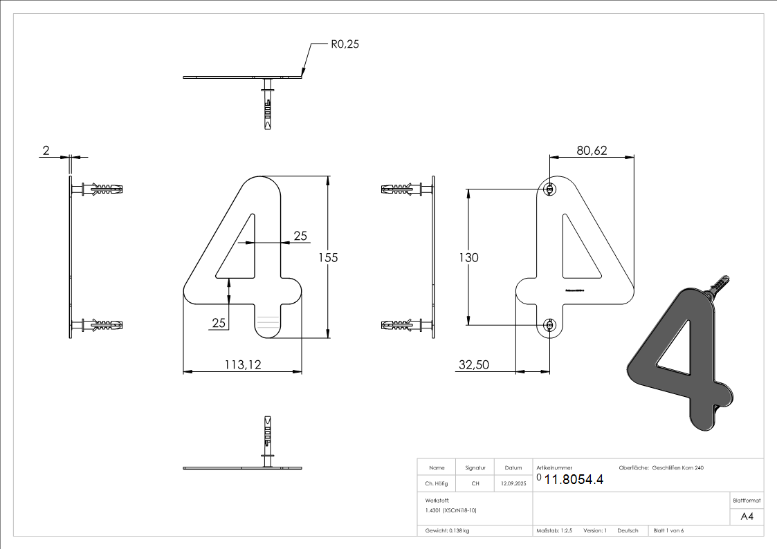 Hausnummer 4 - klein - Masse- 110 mm x 150 mm - V2A-11-8054.4