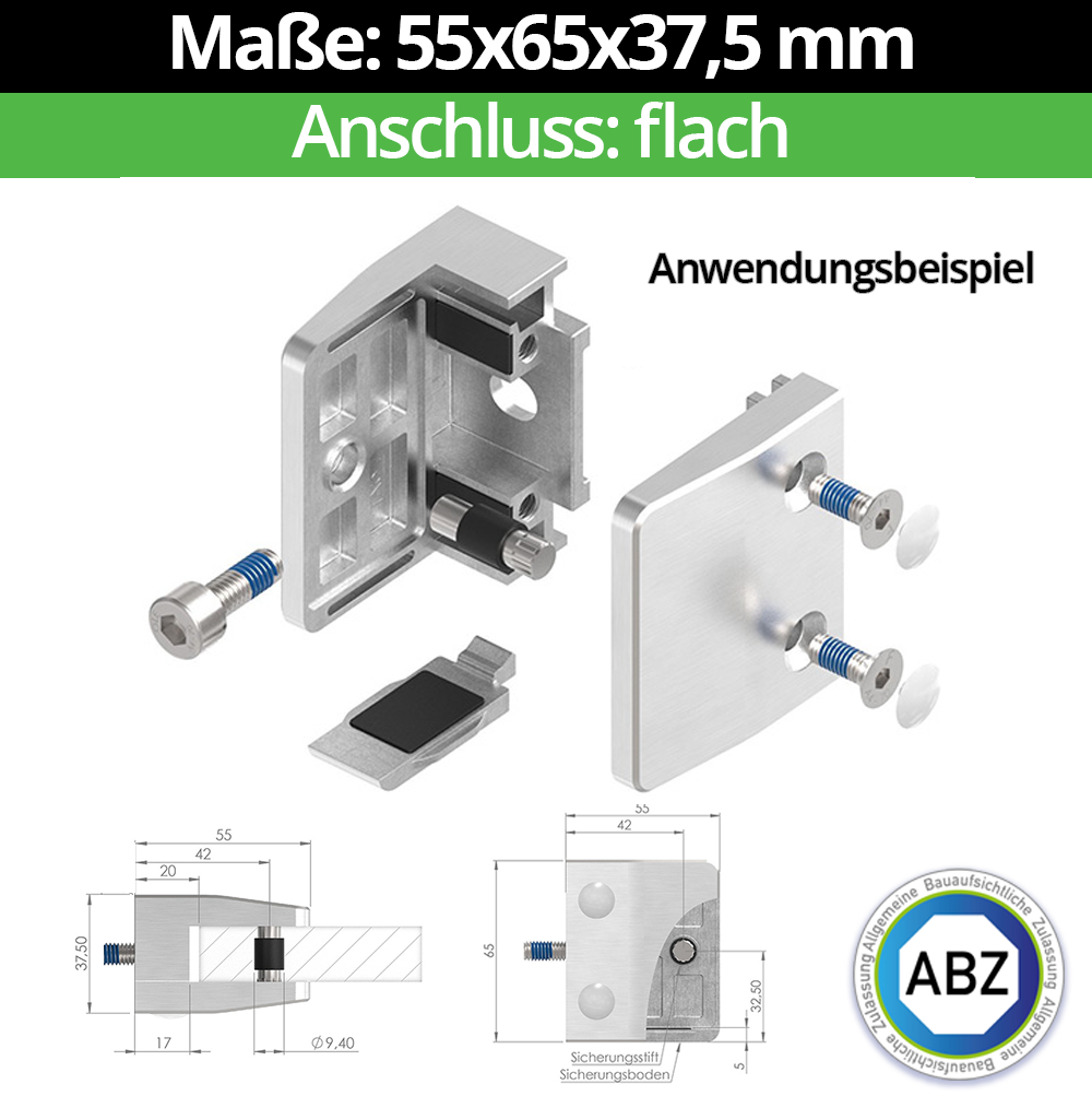 Glasklemme AbZ 55x65x37-5 mm  Flach- fuer 12-00 mm ESG Glas- Nein - Ohne Sicherungsstift- Nein - Ohne Sicherungsboden-10-MODELL35-1-13-1.1