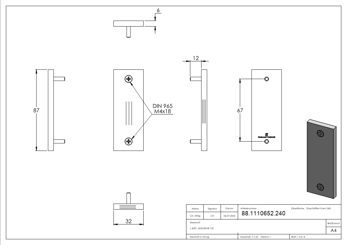 Kurzschild blind Edelstahl V2A 32 x 87 x 6 mm geschliffen Korn 240-88-1110652.240