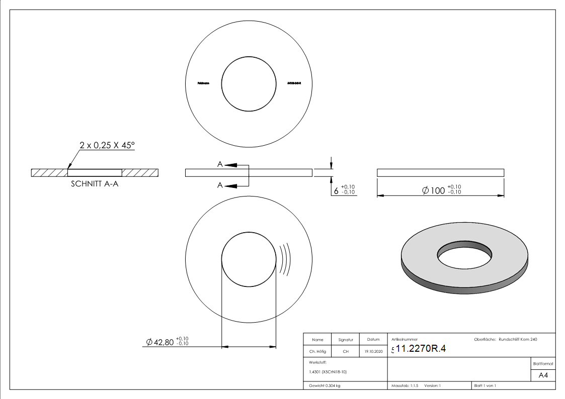 Ankerplatte Masse- 100x6 mm Rundschliff und Mittelbohrung V2A-11-2270R.4