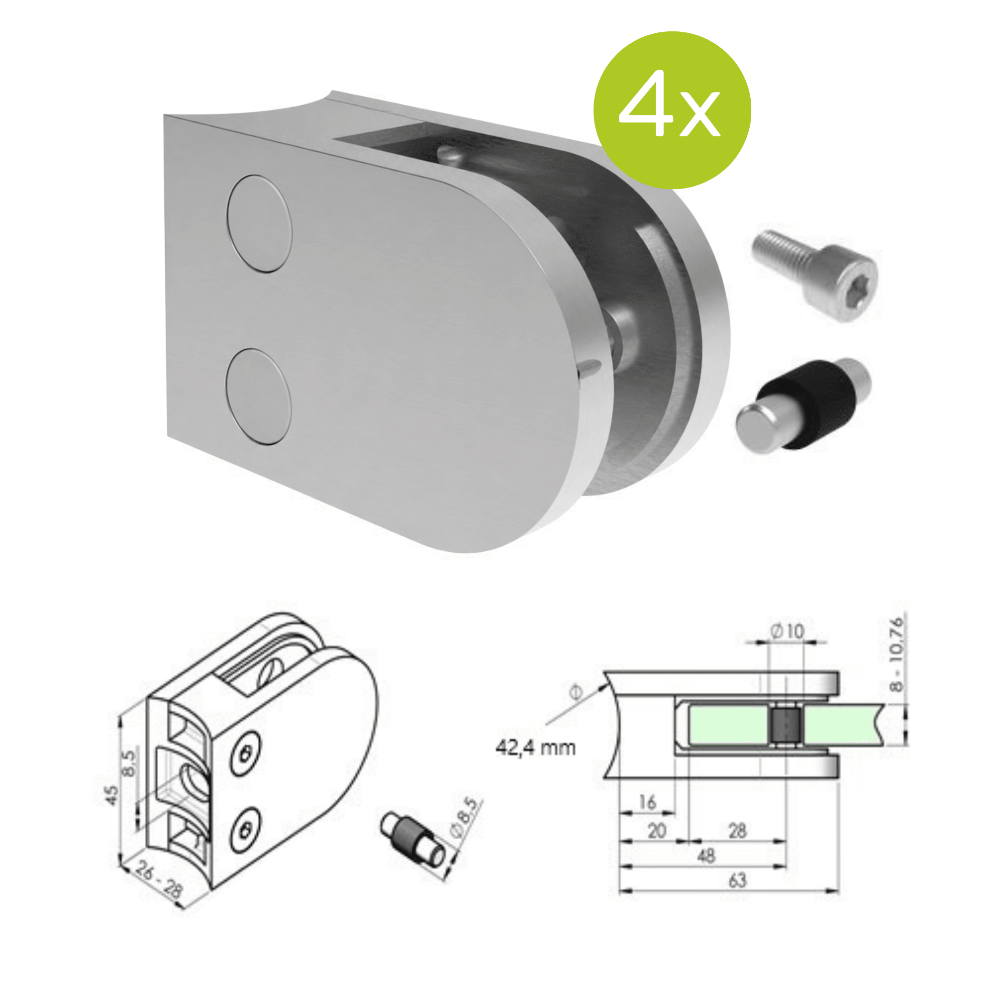 Glasklemme V4A fuer Ø 42-4 mm Rohr glaenzend 4er Set-89-11A142200042LSET4-A.4