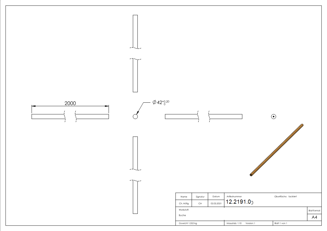 Holzhandlauf Buche- D=42mm- Laenge 2000mm-12-2191.0