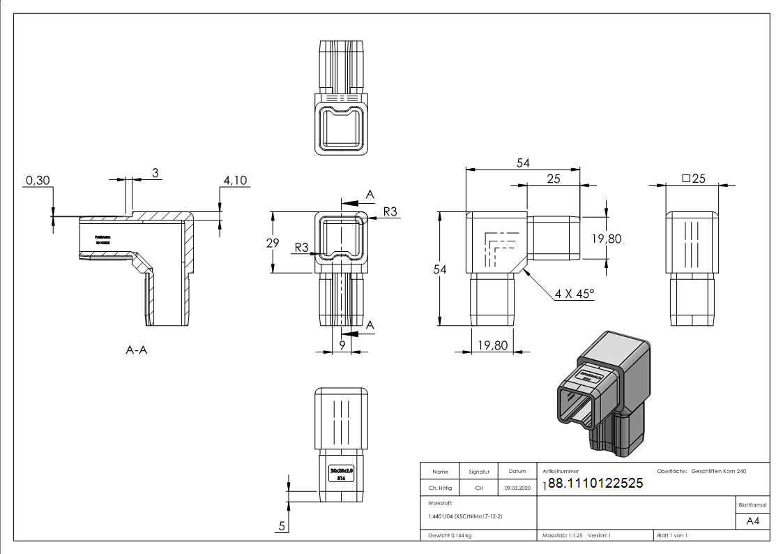 Winkelsteckverbinder V4A fuer Vierkantrohr 25x25x2 mm-88.1110122525
