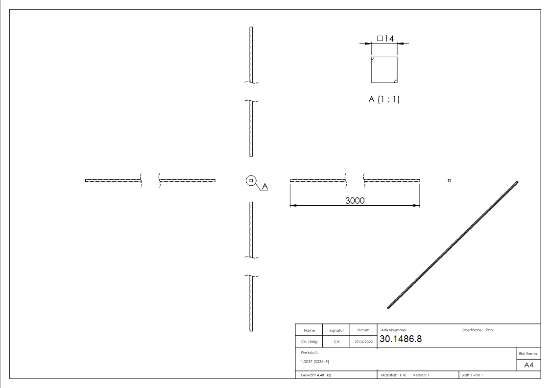 Vierkant gehaemmert - Material- 14x14 mm - Laenge- 3000 mm - Stahl -Roh- S235JR-30-1486.8