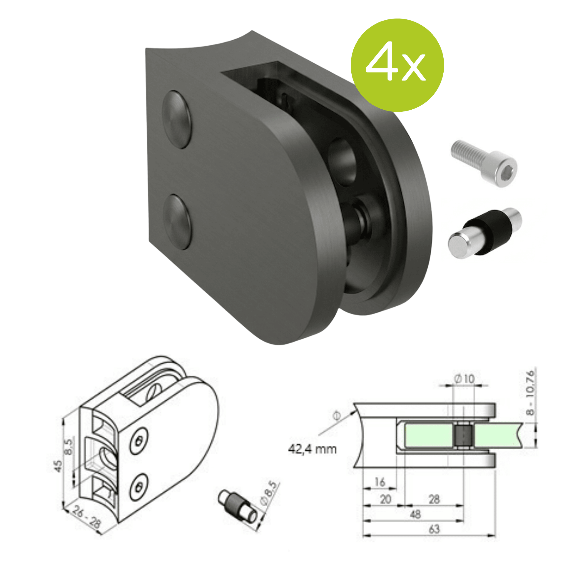 Glashalter V2A fuer Rohr Ø 42-4 mm PVD Schwarz 4er Set-89-11APVD2200042SET4-A.4