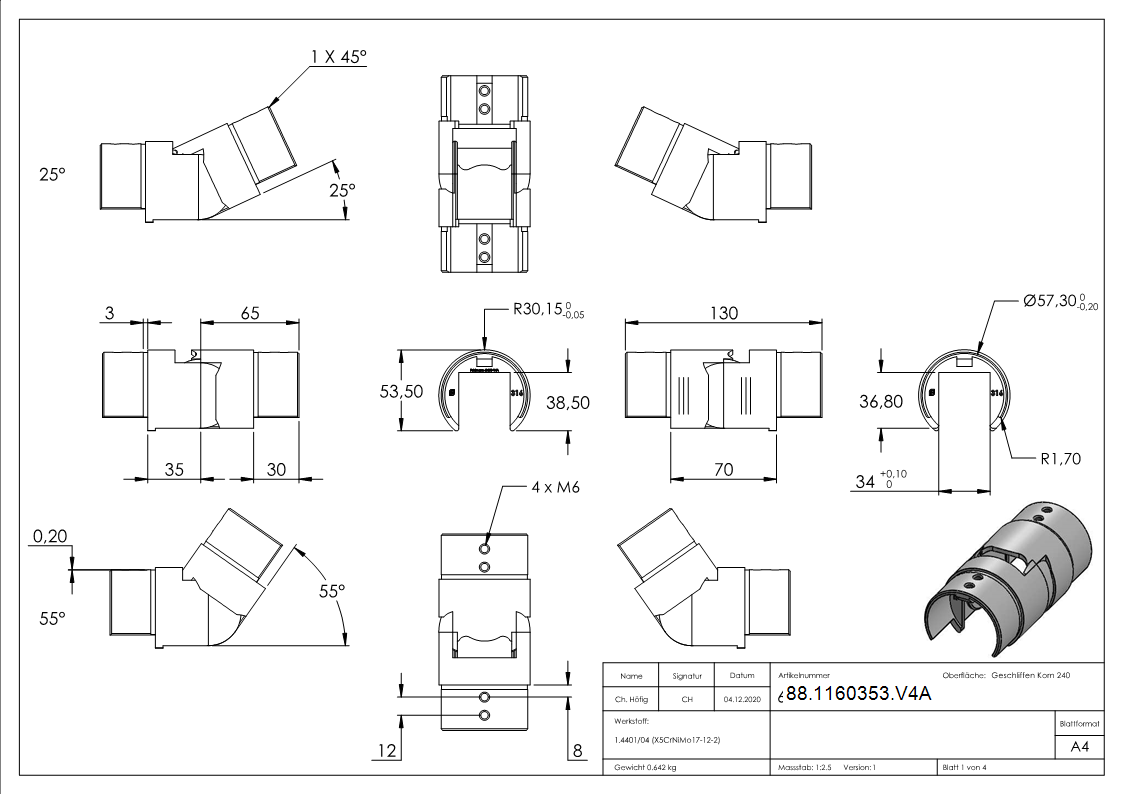Verbinder flexibel Edelstahl V4A fuer Nutrohr Ø 60-3 x 1-5 mm 25-55°-88-1160353.V4A