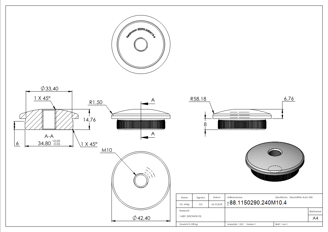 Einsteckkappe Edelstahl V2A fuer Rohr Ø 42-4x4-0 mm M10- gewoelbt-88-1150290-240M10.4