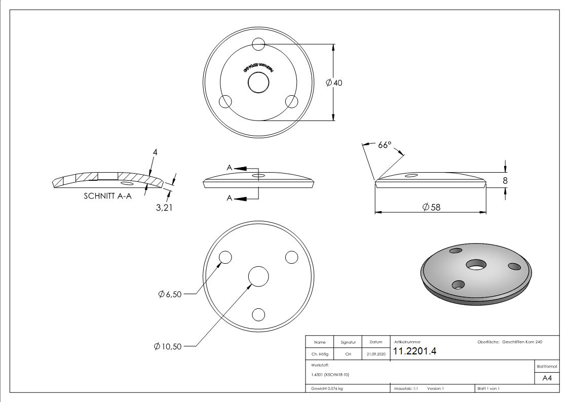 Ankerplatte Ø 58 x 4 mm gewoelbt mit Zentrierbohrung- Ø 10-5 mm V2A-11-2201.4