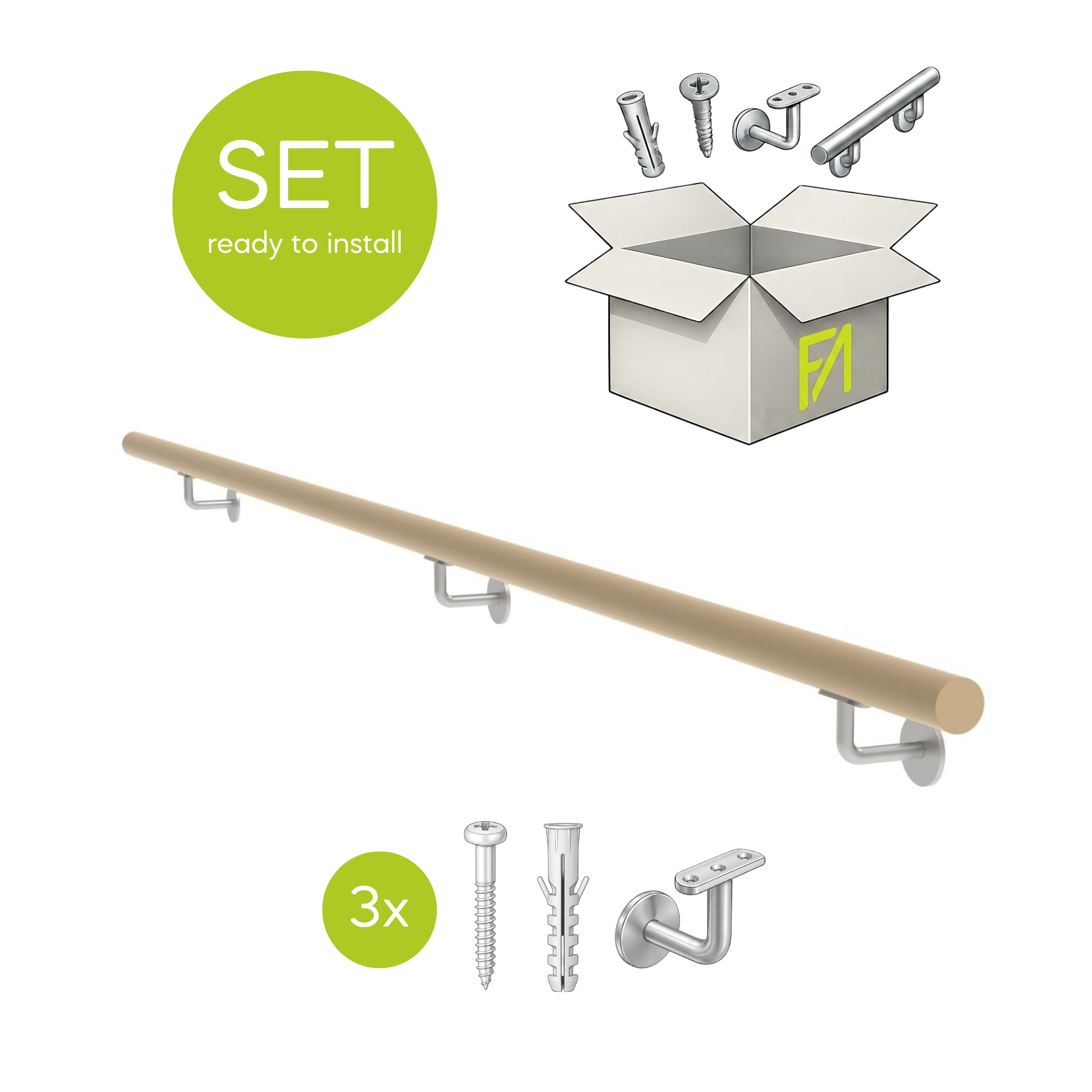 Handlauf-Set Eiche Edelstahl 2500 mm mit Haltern- Duebel und Schrauben-89-11WDM2500-A.4-D