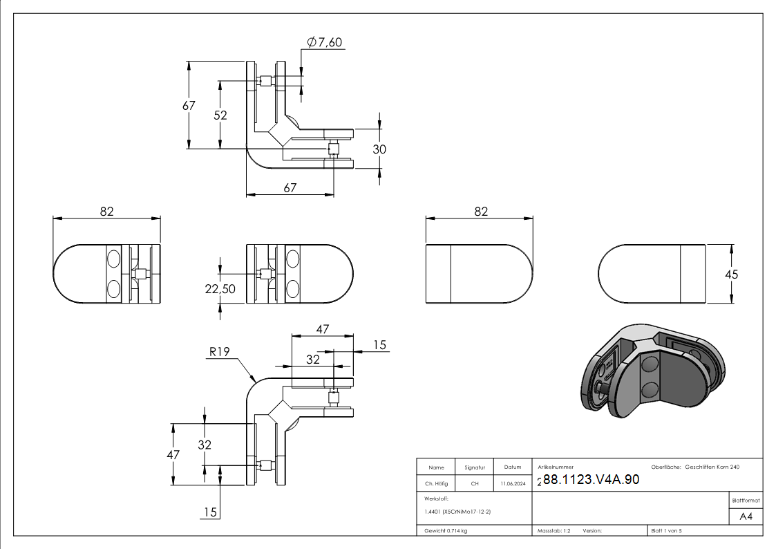Eckglasklemme 90° Mod- 23- in V4A-88-1123-V4A.90