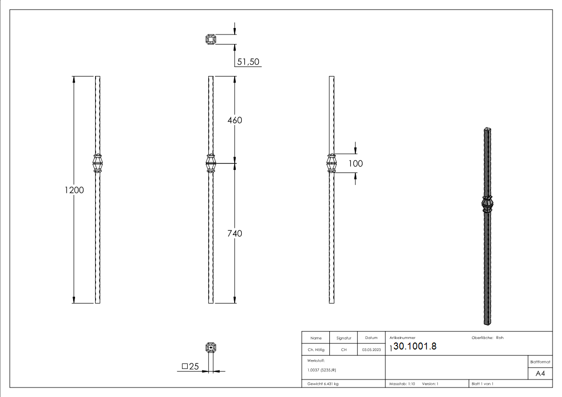 Anfangsstab - Laenge- 1200 mm - Material- 25x25 mm - Stahl S235JR- roh-30-1001.8