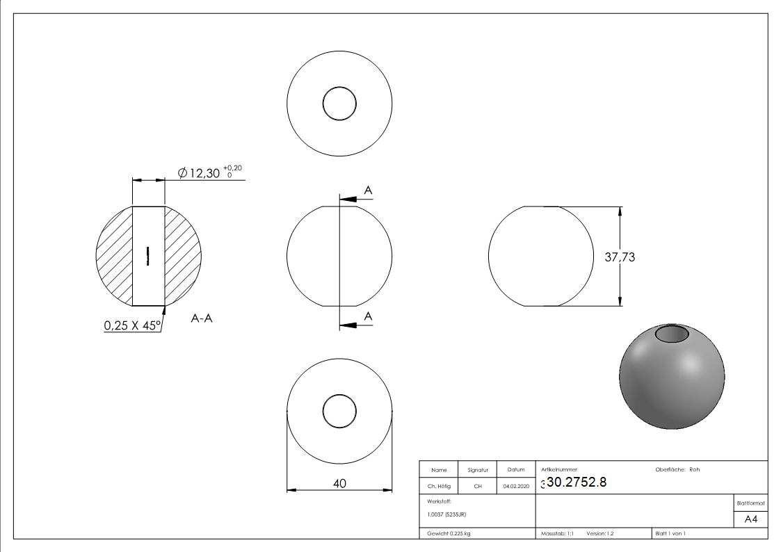 Kugel Ø 40 mm - mit Durchgangsbohrung 12-2 mm - Stahl S235JR- roh-30-2752.8
