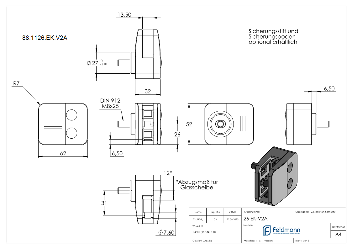 Sichtschutz Endglasklemme Mod- 26- in V2A-88-1126-EK.V2A