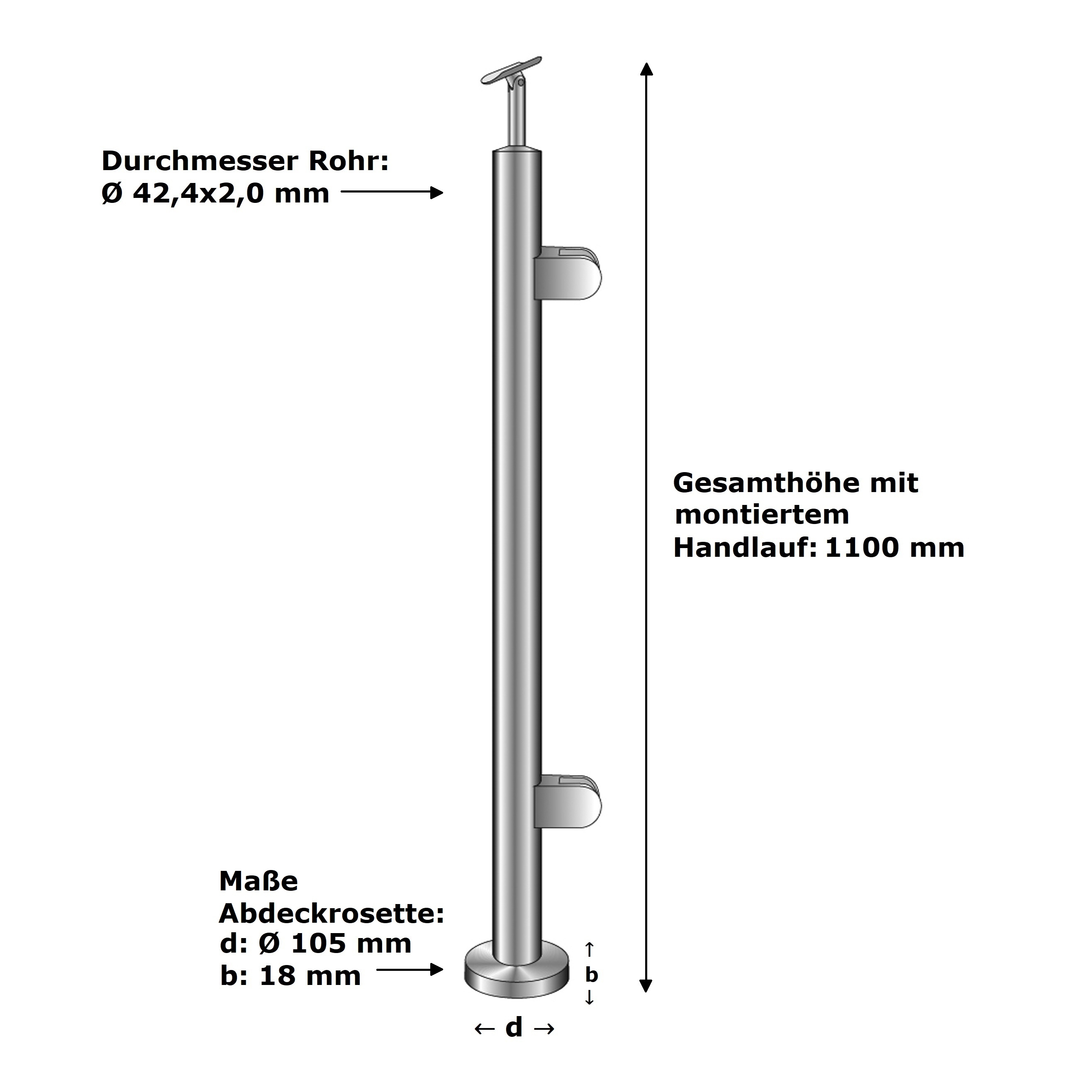 Eckpfosten Edelstahl 1100 mm fuer Glas 8-76 mm Oberverankerung rechts-14-0033RG-A.4