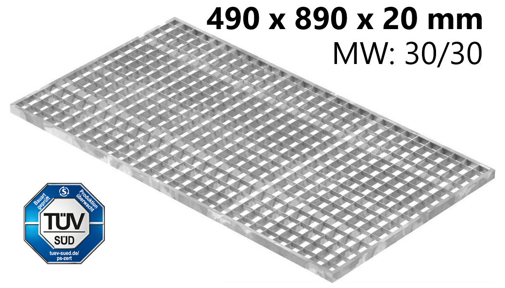 Lichtschachtrost Baunormrost - Masse-  490x890x20 mm 30-30 mm - aus S235JR -St37-2- im Vollbad feuerverzinkt-23-49893020.7