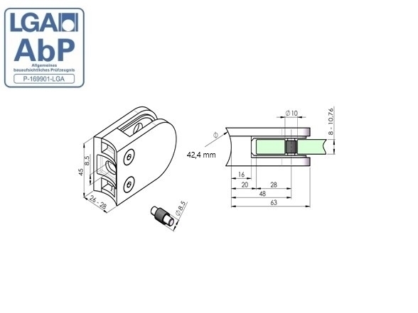 Glasklemme Edelstahl AISI 316 Glasstaerke 8-10-76 mm Pfosten D 42-4 mm Schliff-89-11A142200042-A.4