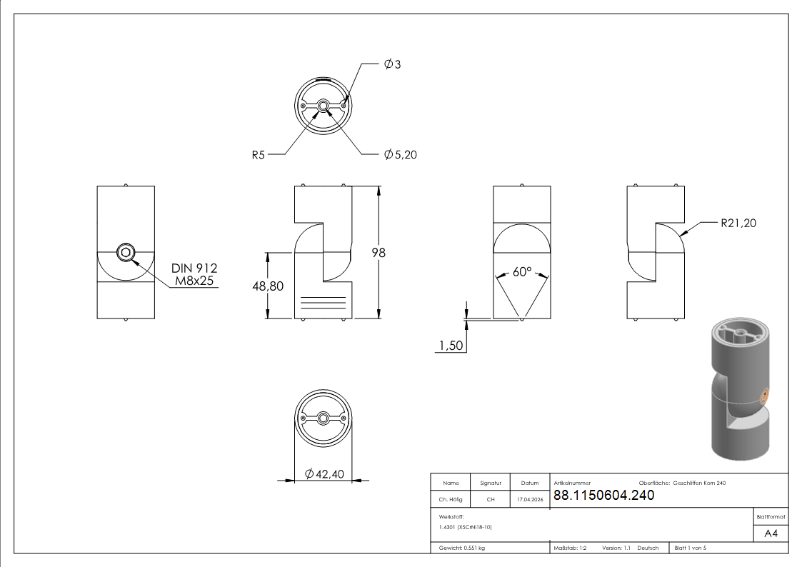 Handlaufverbinder flexibel Edelstahl V2A fuer Ø 42-4 mm Holzhandlauf geschliffen Korn 240-88-1150604.240
