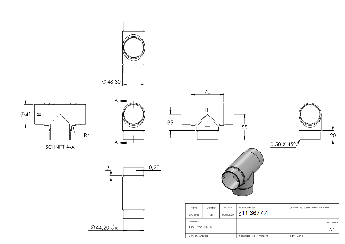 T-Stueck V2A Ø 48-3x2-0 mm Steckfitting egal-11-3677.4