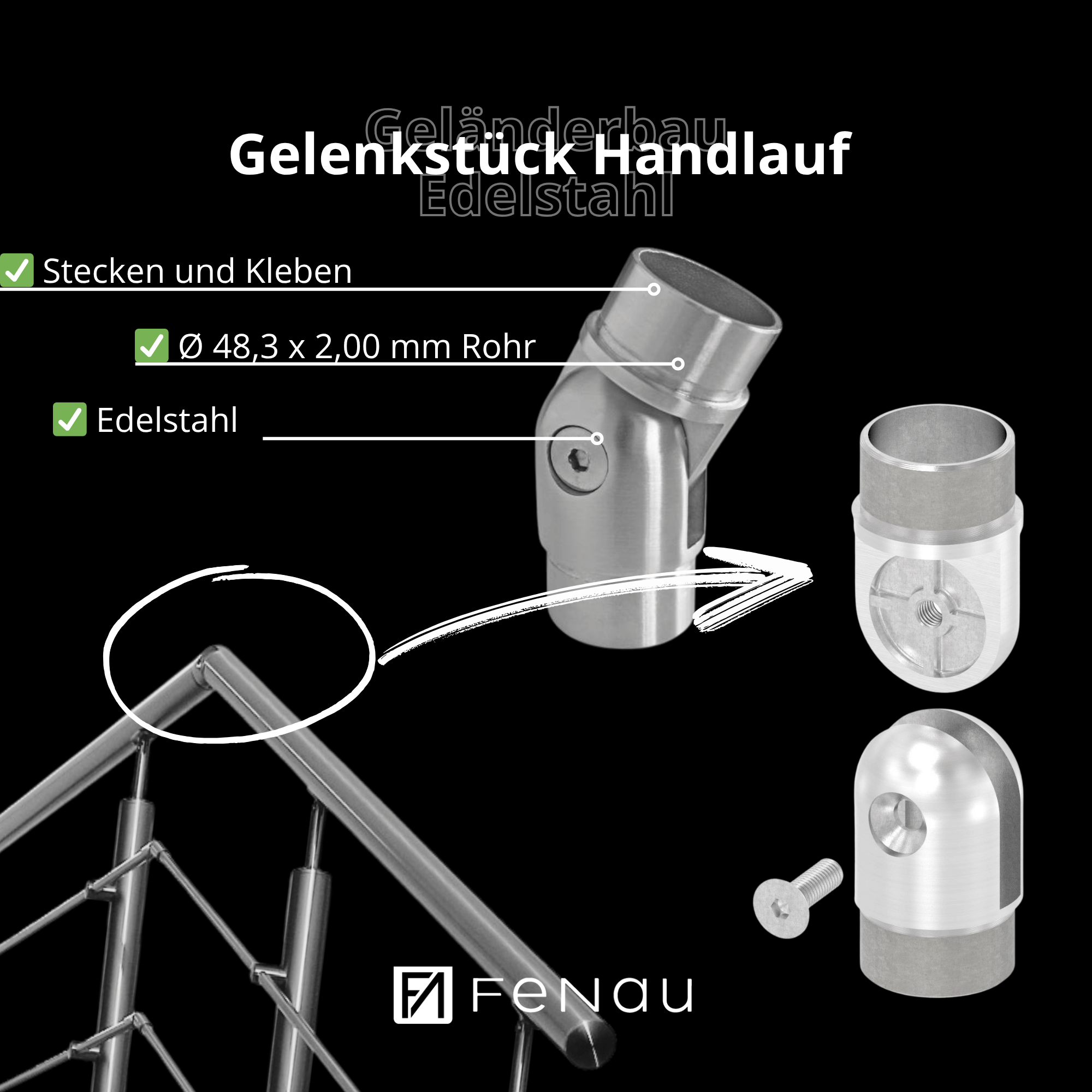 Gelenkstueck V2A Edelstahl fuer Rundrohr Ø 48-3x2-0 mm – Verstellbares Rohrgelenk fuer Handlauf - Gelaender-11-3637-A.4