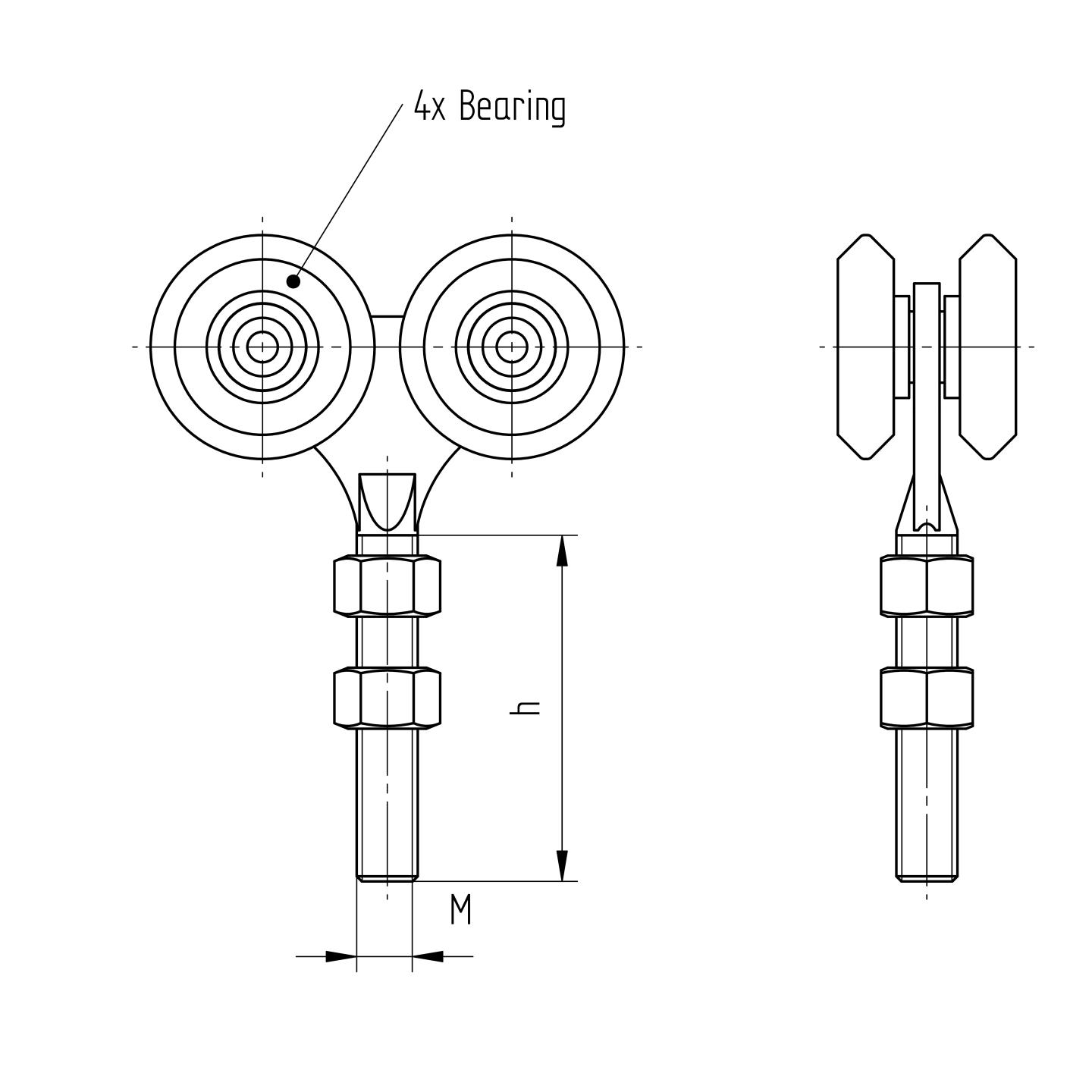 Vierrdriger Rollenapparat Stahl verzinkt fr Profil 42x54 mm M12 bis 200 kg-89-11H0842X54NYLON-A.4