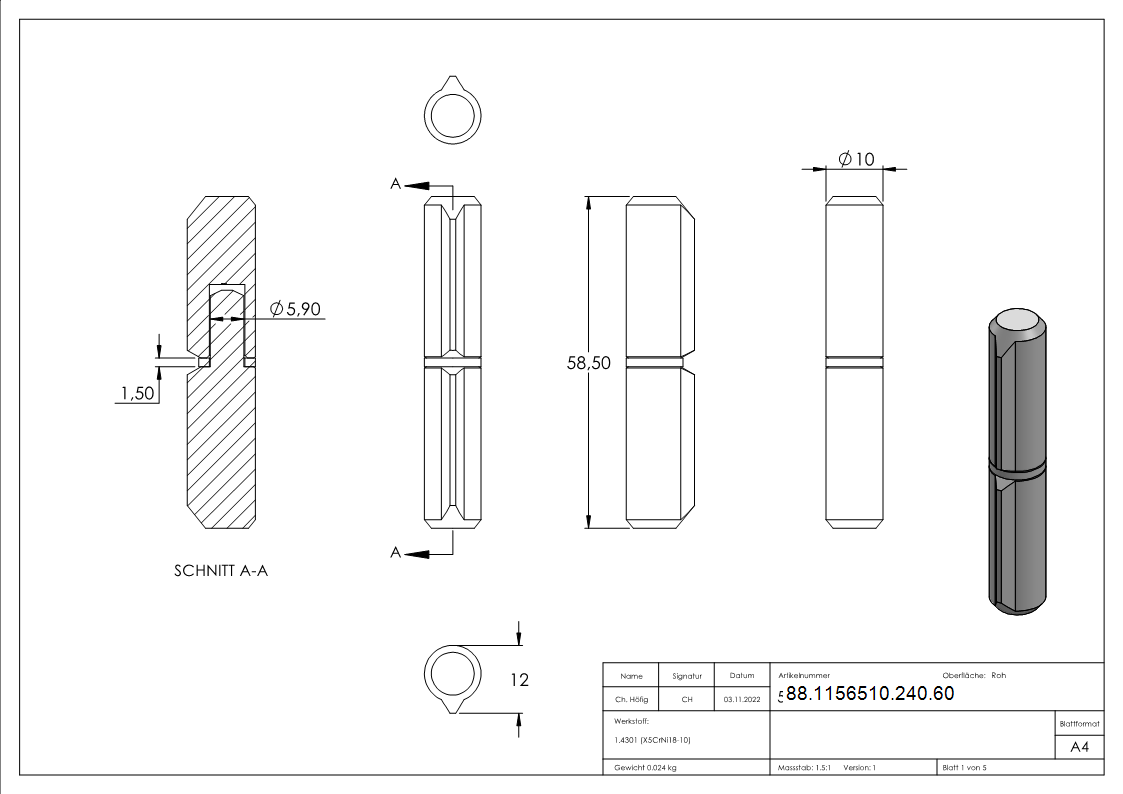 Anschweissband Edelstahl V2A L = 60 mm Aussen-Ø 10 mm Bolzen-Ø 6 mm mit festem Stift-88-1156510-240.60