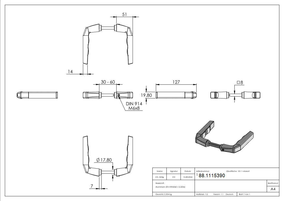 Tuerdruecker-Paar Aluminium gerade 8x8 mm Vierkantstift verzinkt-88.1115390