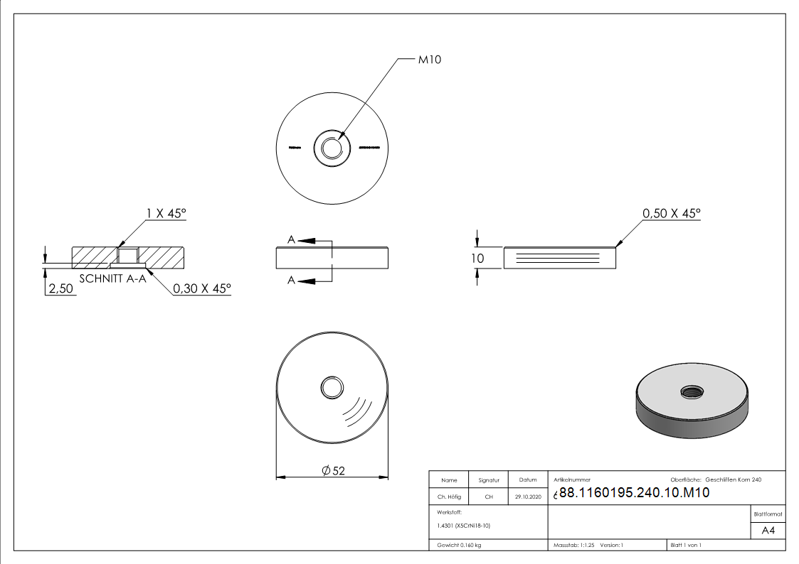 Glaspunkthalter Unterteil Edelstahl V2A Ø 52 x 10 mm M10 geschliffen Korn 240-88-1160195-240-10.M10