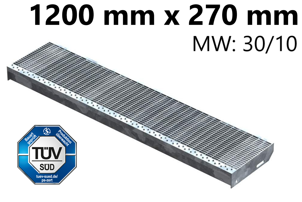 Gitterroststufe Treppenstufe Masse- 1200x270 mm 30-10 mm S235JR -St37-2- im Vollbad feuerverzinkt-40-1202731.7