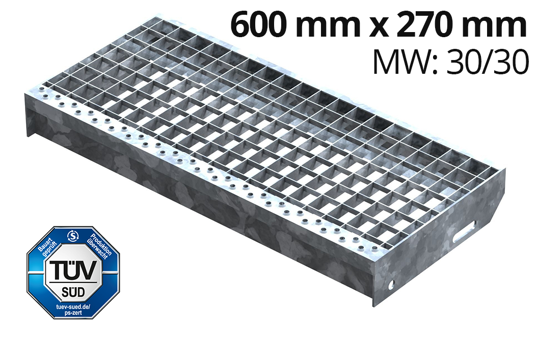 Gitterroststufe Treppenstufe Masse- 600x270 mm 30-30 mm S235JR -St37-2- im Vollbad feuerverzinkt-40-602730.7