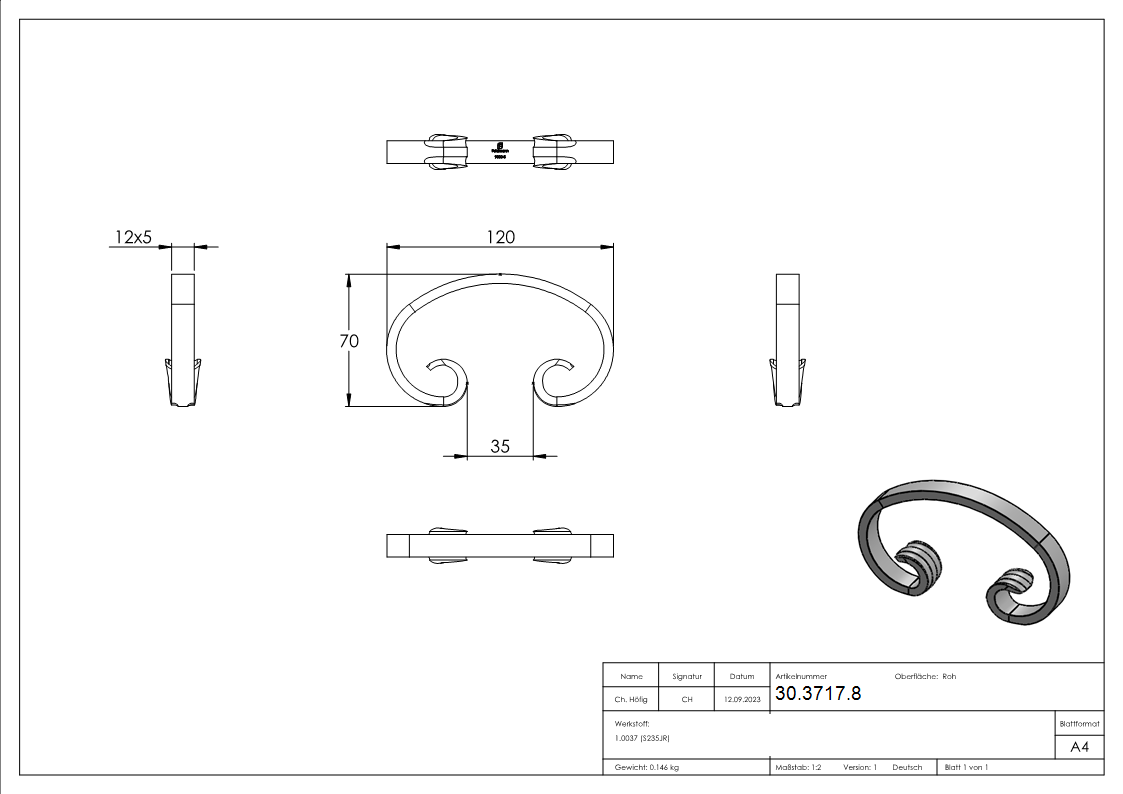 C-Schnecke - Masse- 70x120 mm - Material- 12x5 mm - Stahl S235JR- roh-30-3717.8