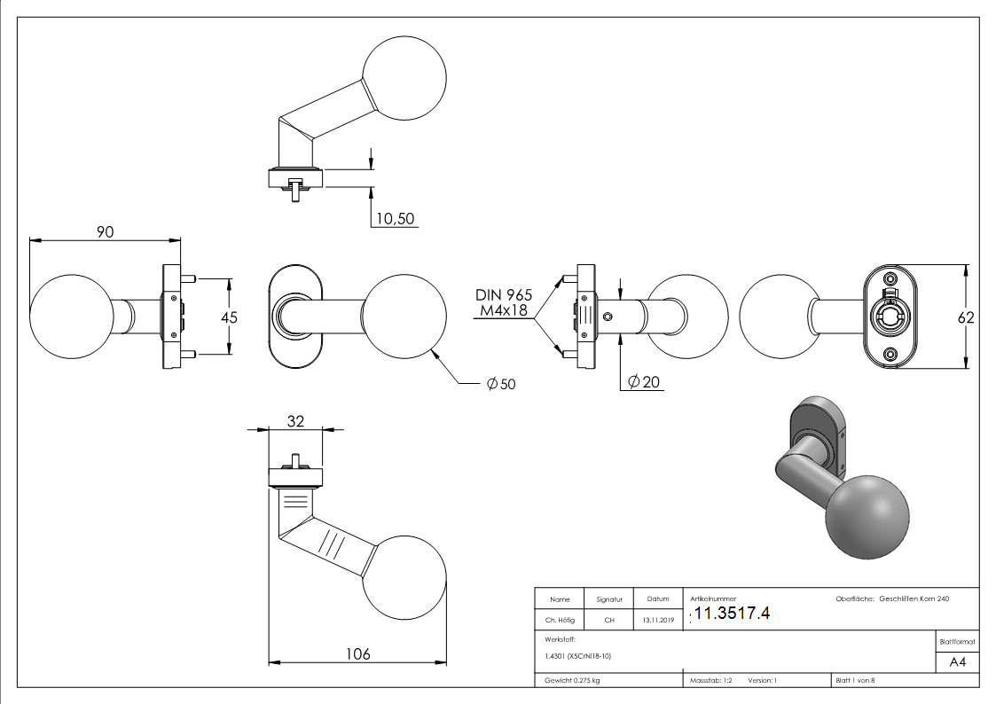 V2A Tuerdruecker gekroepft mit Kugel Ø 50 mm drehbar-11-3517.4