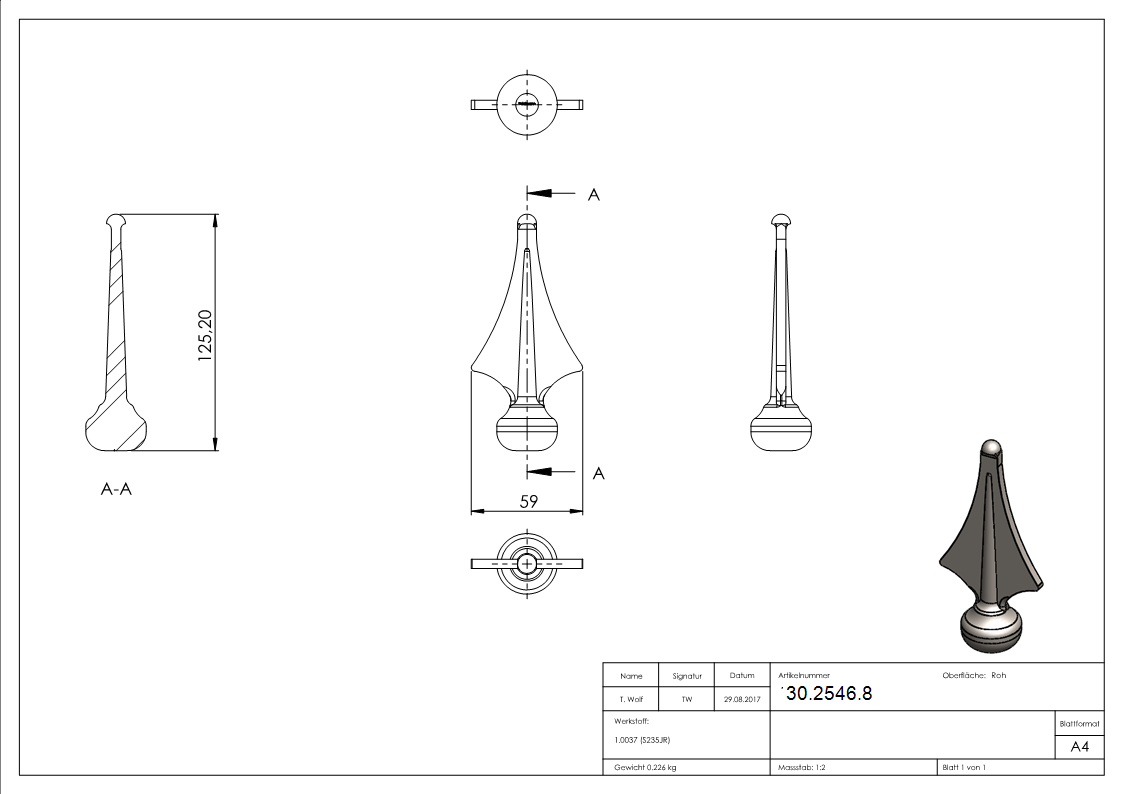 Zaunspitze - Hoehe- 125 mm - Material- Ø 32 mm - Stahl S235JR- roh-30-2546.8