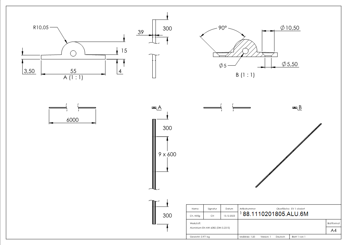 Laufschiene Aluminium 6000 mm eloxiert E6-EV1 mit Senkbohrungen Ø 19 mm-88-1110201805-ALU.6M