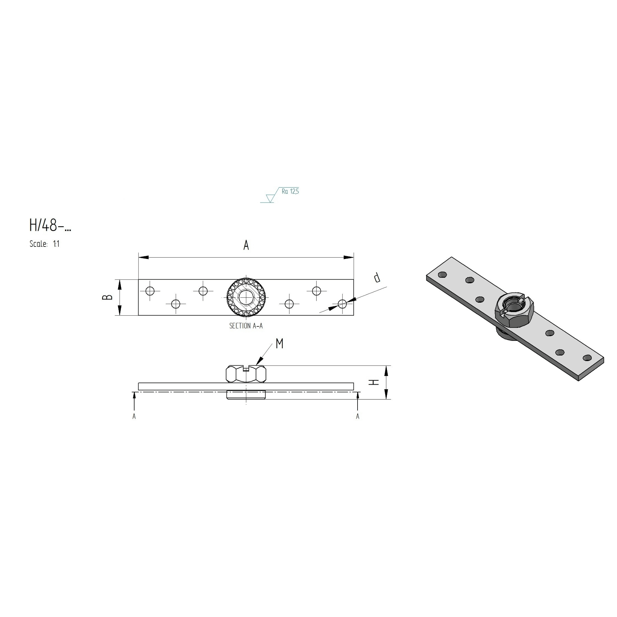 Anschraubplatte Stahl verzinkt 150 x 25 x 6 mm mit Gelenk M12 fuer Torbaender-89-11H48M12-A.4