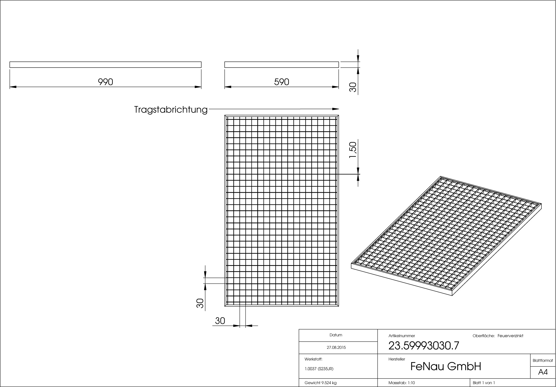 Lichtschachtrost Baunormrost - Masse-  590x990x30 mm 30-30 mm - aus S235JR -St37-2- im Vollbad feuerverzinkt-23-59993030.7