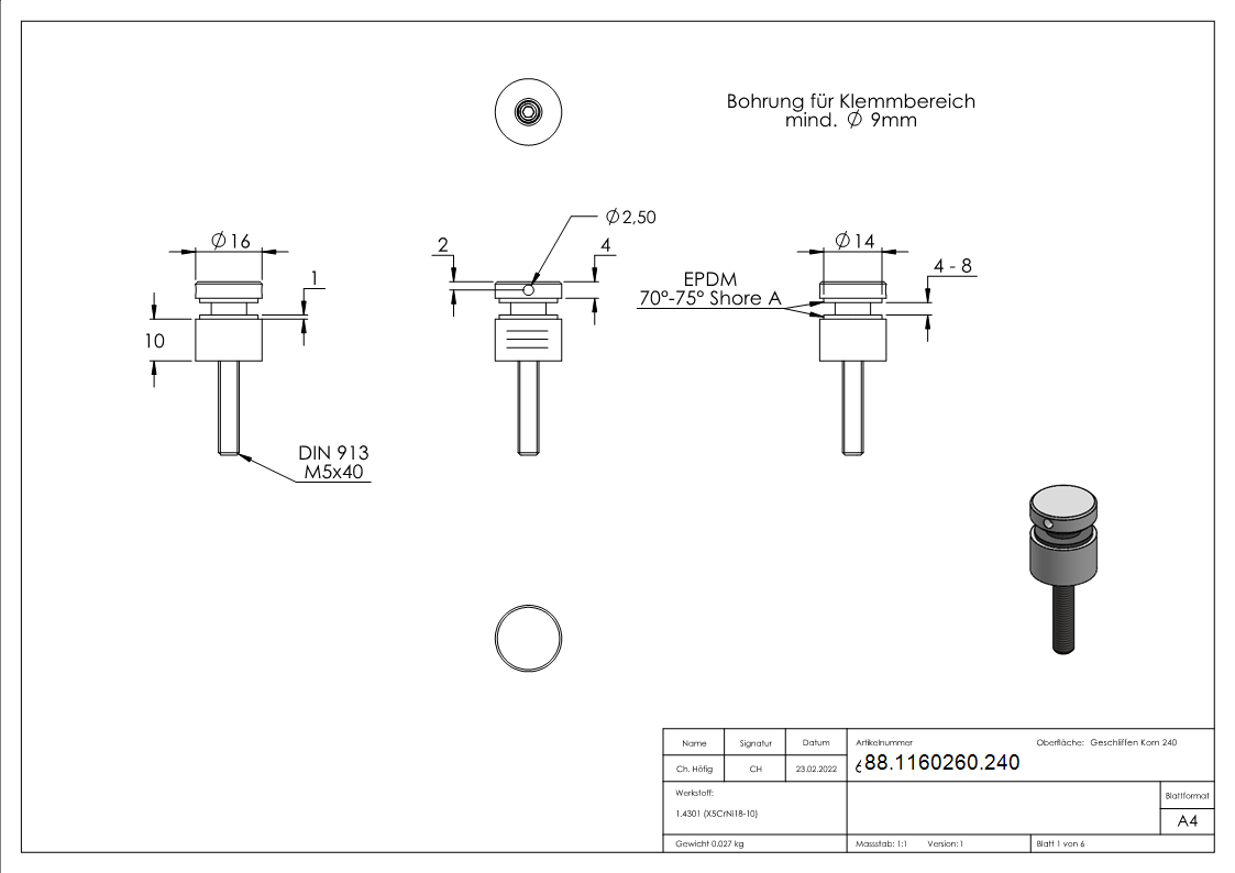 Glaspunkthalter Edelstahl V2A Ø 16 mm Klemm 4-0–8-0 mm Gewinde M5 flach geschliffen-88-1160260.240