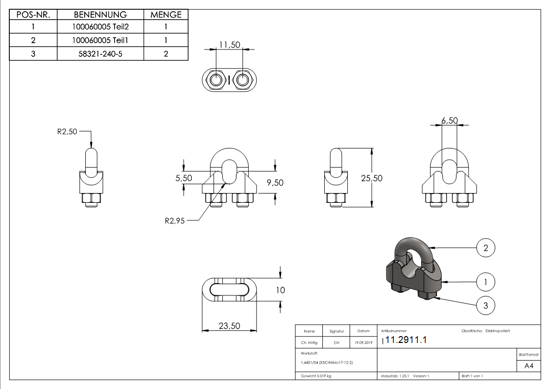 Drahtseilklemme - fuer Seil Ø- 5 mm - Gewinde- M5 - V4A-11-2911.1