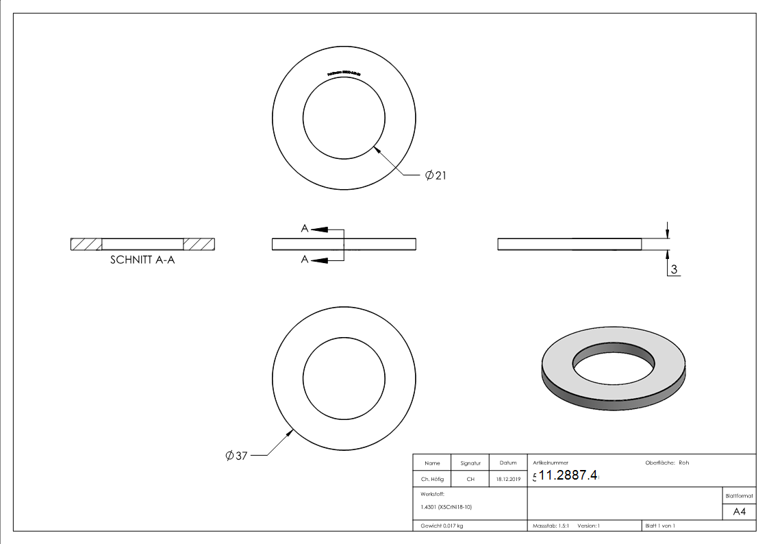 Beilagscheibe - fuer Gewinde M20 - DIN 125-1- A2 - V2A-11-2887.4